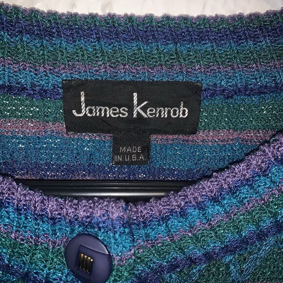Vintage James Kenrob Grandma Cardigan Knit Sweater Spring Purple Blue Striped M - Picture 4 of 4